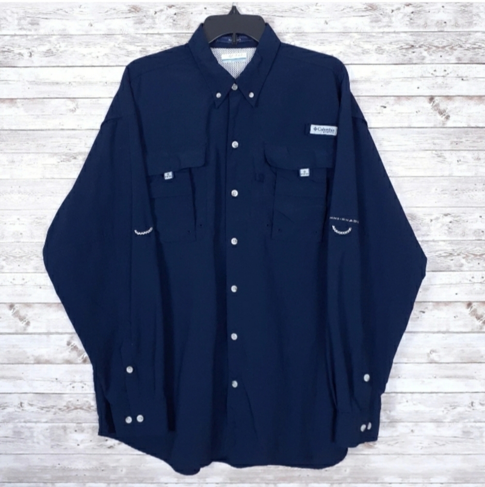 Columbia PFG Omni-Shade Bahama Mens Shirt L Button Down Long Sleeve Blue 128A